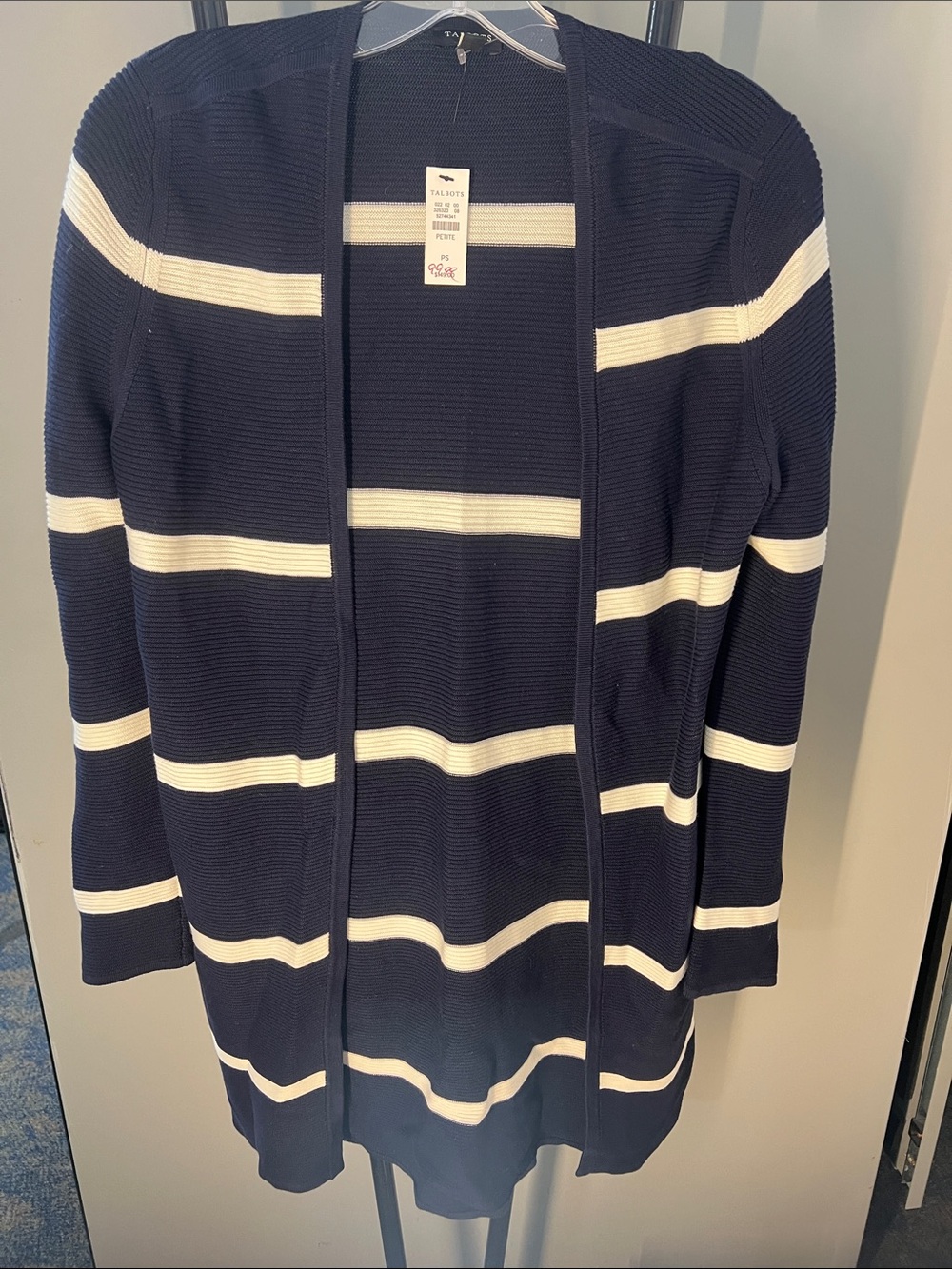 Talbots Navy and White Striped Open-Front Cardigan